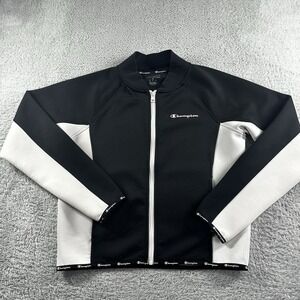Champion Bomber Jacket Womens‎ Medium Black White Color Block Spell Out Logo